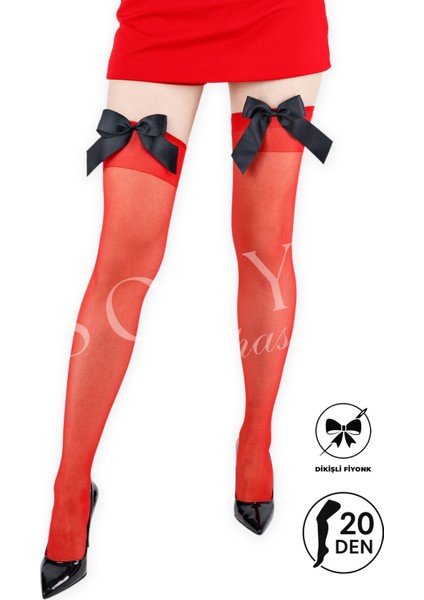 Sofya Passion Siyah Fiyonklu Diz Üstü Kırmızı Jartiyer Çorap, Burun Takviyeli, Dayanıklı Kırmızı Kadın Çorabı