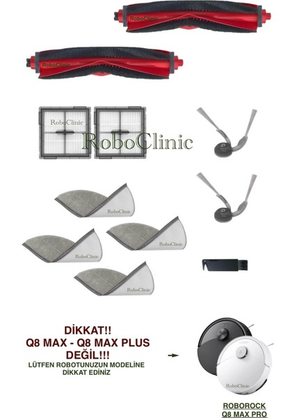 Roborock Q8 Max Pro Robot Süpürge ile Uyumlu Yedek Ana Fırça, Yan Fırça, Hepa Filtre, Mop - 11 Parça