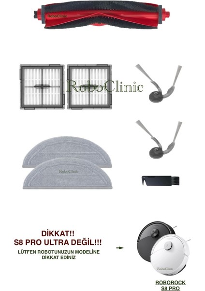 Roborock S8 Pro+ / S8 Pro Robot Süpürge (Ultra Değil!) Uyumlu Yedek Fırça, Hepa Filtre, Mop - 8 Parça