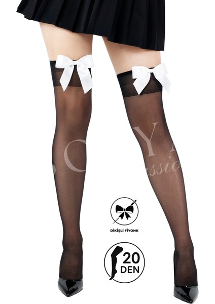 Sofya Passion Beyaz Fiyonklu Diz Üstü Siyah Jartiyer Çorap - Burun Takviyeli, Dayanıklı Esnek Siyah Kadın Çorabı