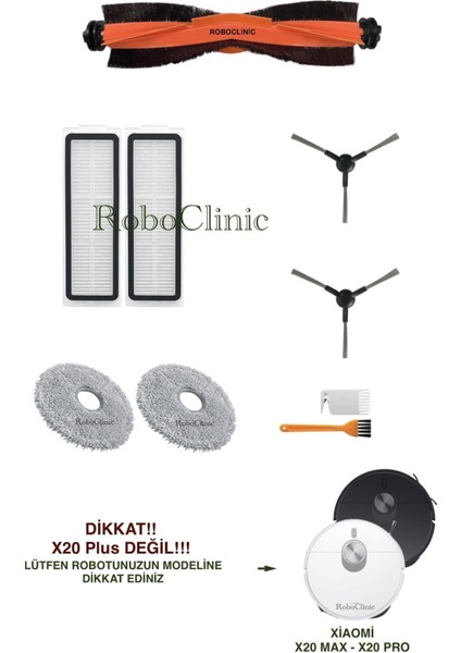 Xiaomi Robot Vacuum X20 Max Robot Süpürge ile Uyumlu Yedek Ana Fırça, Yan Fırça, Hepa Filtre, Mop - 9 Parça