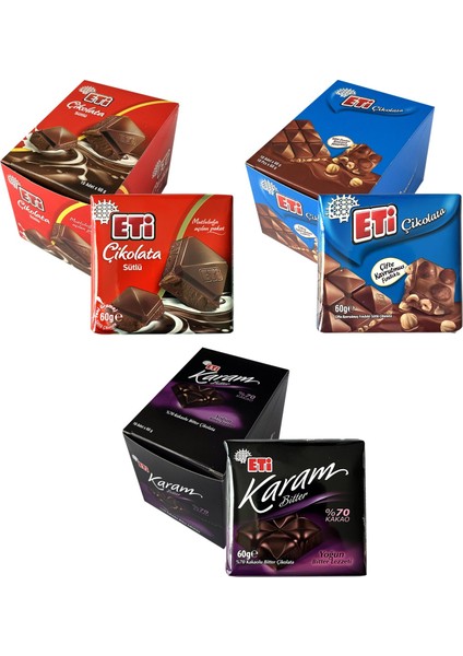 Çikolata Sütlü - Fındıklı - Karam Bitter 60 gr 10 Adet 3 Lü Karma Paket