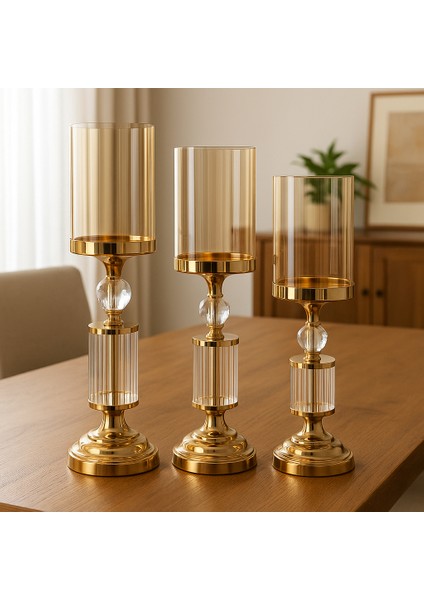 Modern Altın Cam Şamdan 3’lü Set Kristal Silindirik Tasarım Salon Yemek Masası Dekoratif Mumluk