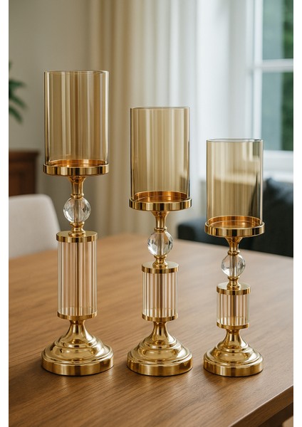 Modern Altın Cam Şamdan 3’lü Set Kristal Silindirik Tasarım Salon Yemek Masası Dekoratif Mumluk fiyatları