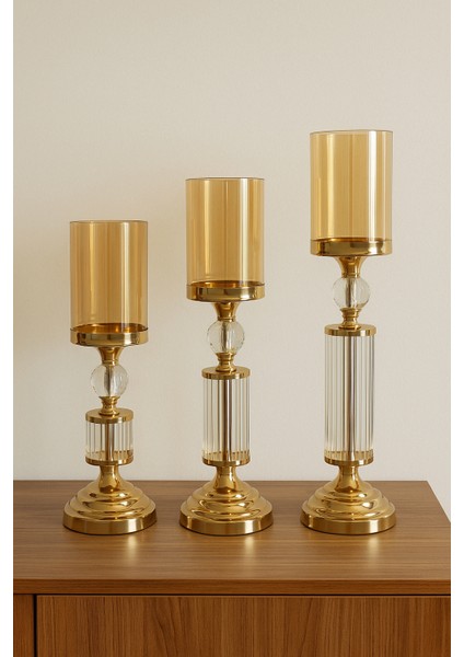 Modern Altın Cam Şamdan 3’lü Set Kristal Silindirik Tasarım Salon Yemek Masası Dekoratif Mumluk modelleri