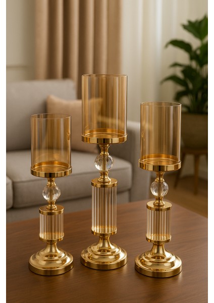 Modern Altın Cam Şamdan 3’lü Set Kristal Silindirik Tasarım Salon Yemek Masası Dekoratif Mumluk fırsatları