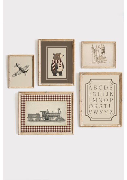 Vintage Erkek Çocuk Odası Duvar Dekoru Poster Seti – Ayı, Tren, Uçak ve Alfabe Temalı