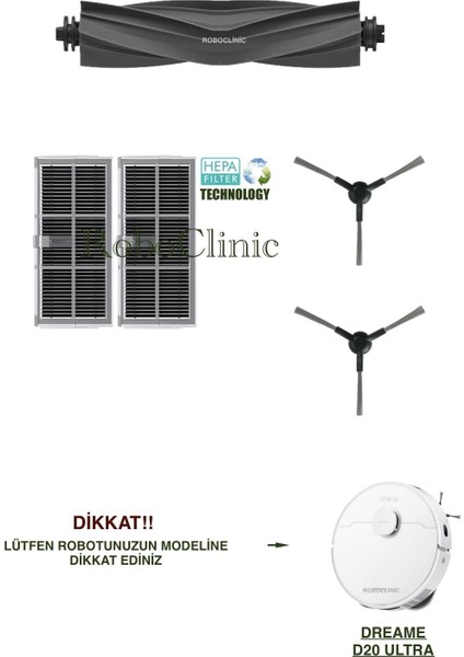 Dreame D20 Ultra Robot Süpürge ile Uyumlu Yedek Ana Fırça, Yan Fırça, Hepa Filtre - 5 Parça