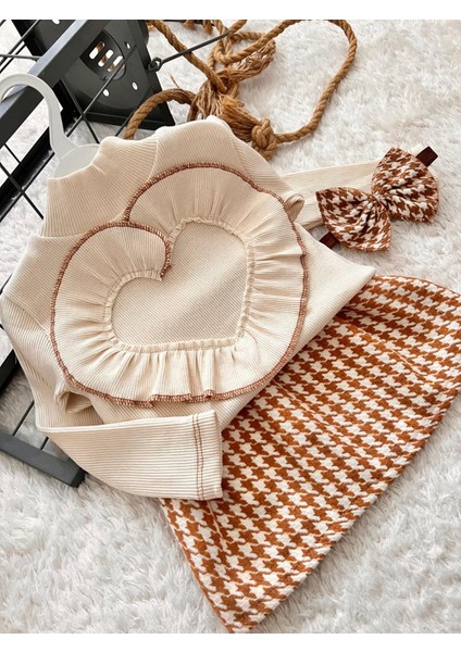 Bebek Çocuk Kahverengi Kazayagı Etek Kalpli Bluz ve Bandana Seti Alt Üst Takım Etekli Takım