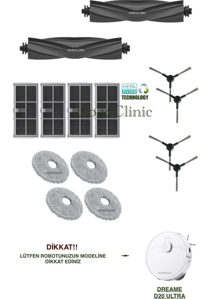 Dreame D20 Ultra Robot Süpürge ile Uyumlu Yedek Ana Fırça, Yan Fırça, Hepa Filtre, Mop - 14 Parça