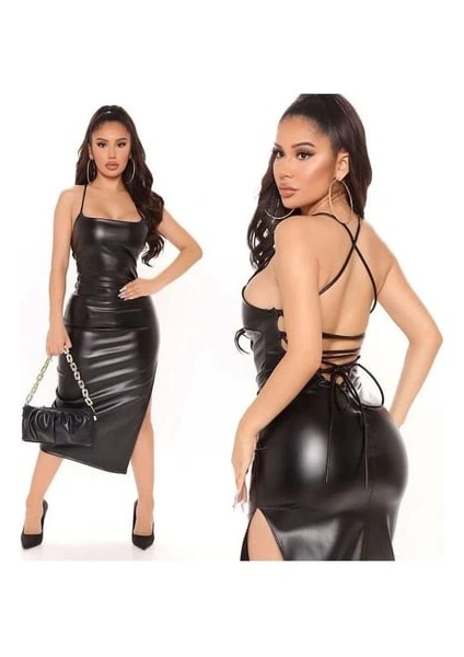 Uzun Deri Sırt Dekolteli Elbise