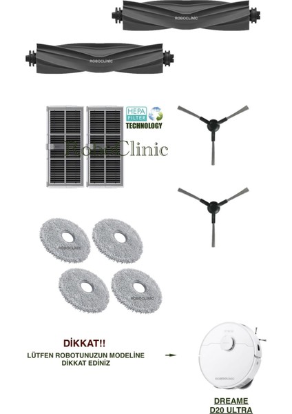 Dreame D20 Ultra Robot Süpürge ile Uyumlu Yedek Ana Fırça, Yan Fırça, Hepa Filtre, Mop - 10 Parça