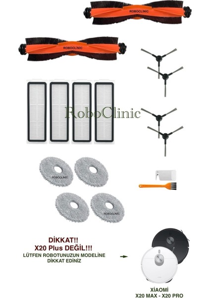 Xiaomi Robot Vacuum X20 Max Robot Süpürge ile Uyumlu Yedek Ana Fırça, Yan Fırça, Hepa Filtre, Mop - 16 Parça