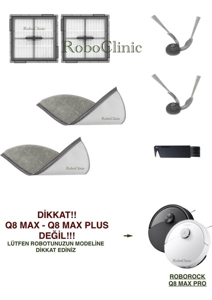 Roborock Q8 Max Pro Robot Süpürge ile Uyumlu Yedek Yan Fırça, Hepa Filtre, Mop - 7 Parça