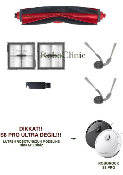 Roborock S8 Pro Robot Süpürge ile Uyumlu Yedek Ana Fırça, Yan Fırça, Hepa Filtre - 6 Parça