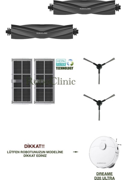 Dreame D20 Ultra Robot Süpürge ile Uyumlu Yedek Ana Fırça, Yan Fırça, Hepa Filtre - 6 Parça