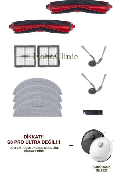 Roborock S8 Pro+ / S8 Pro Robot Süpürge (Ultra Değil!) Uyumlu Yedek Fırça, Hepa Filtre, Mop - 11 Parça