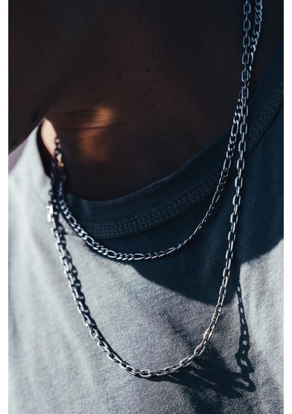 Ince Figaro Erkek Çelik Zincir Kolye ve Bileklik Set 4mm ECK55S