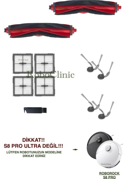 Roborock S8 Pro Robot Süpürge ile Uyumlu Yedek Ana Fırça, Yan Fırça, Hepa Filtre - 11 Parça