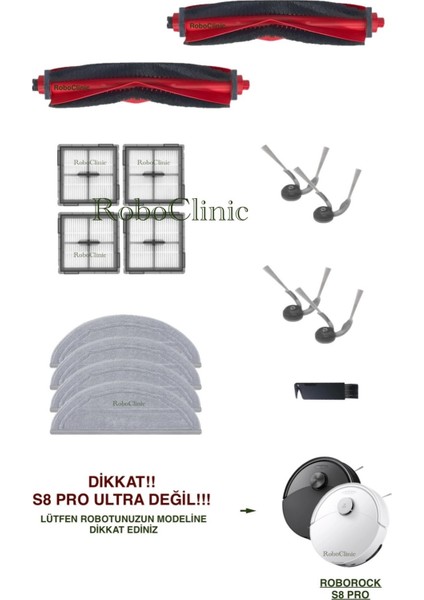 Roborock S8 Pro Robot Süpürge ile Uyumlu Yedek Ana Fırça, Yan Fırça, Hepa Filtre, Mop - 15 Parça