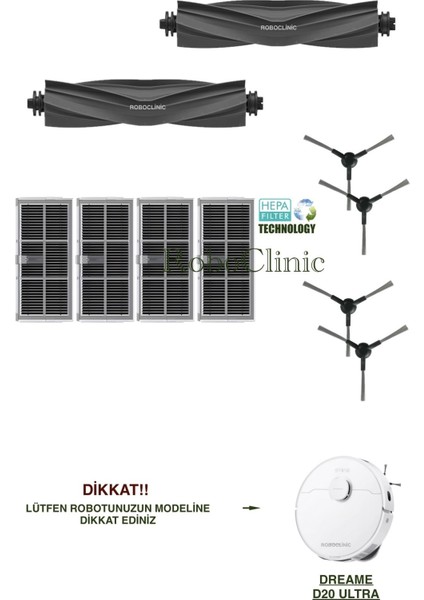 Dreame D20 Ultra Robot Süpürge ile Uyumlu Yedek Ana Fırça, Yan Fırça, Hepa Filtre - 10 Parça
