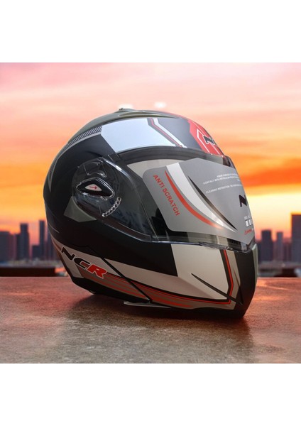 -158 Çene Açılır Gözlüklü E-Ce Belgeli Kask Kırmızı Grafik