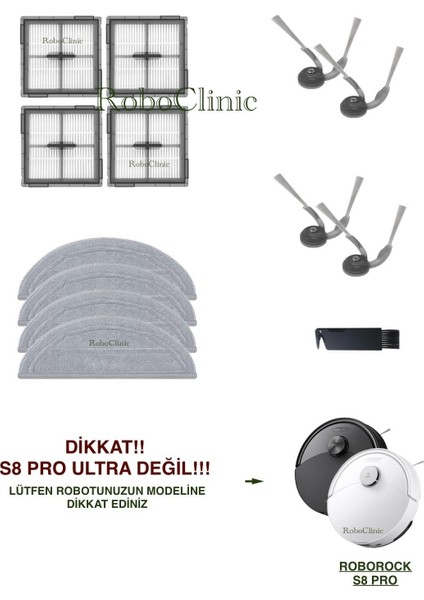 Roborock S8 Pro+ / S8 Pro Robot Süpürge (Ultra Değil!) Uyumlu Yedek Yan Fırça, Hepa Filtre, Mop - 13 Parça