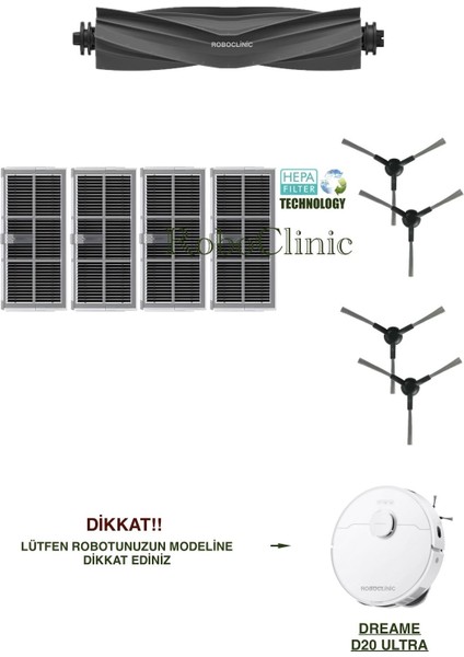 Dreame D20 Ultra Robot Süpürge ile Uyumlu Yedek Ana Fırça, Yan Fırça, Hepa Filtre - 9 Parça