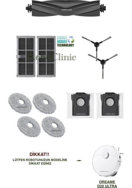 Dreame D20 Ultra Robot Süpürge ile Uyumlu Yedek Toz Torba, Fırça, Hepa Filtre, Mop - 11 Parça