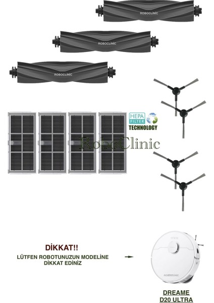 Dreame D20 Ultra Robot Süpürge ile Uyumlu Yedek Ana Fırça, Yan Fırça, Hepa Filtre - 11 Parça