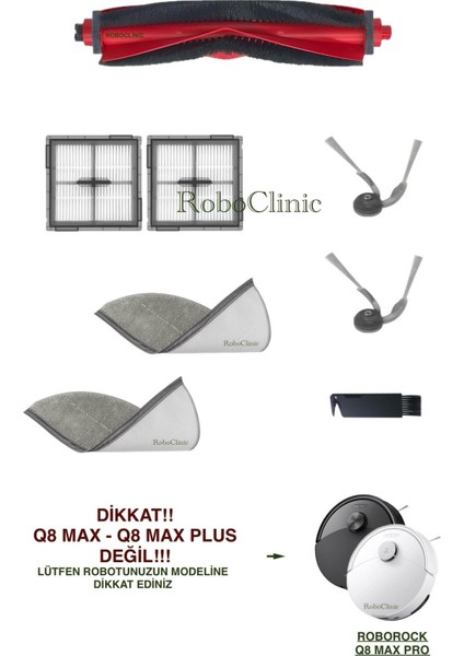 Roborock Q8 Max Pro Robot Süpürge ile Uyumlu Yedek Ana Fırça, Yan Fırça, Hepa Filtre, Mop - 8 Parça