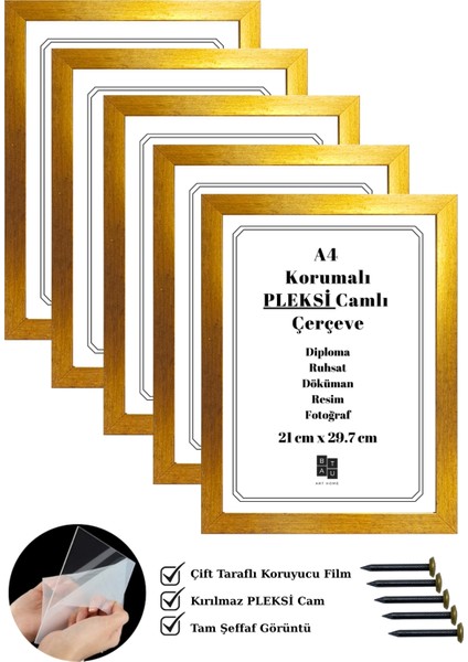 5 Adet A4 Çerçeve Mat Altın Renk Korumalı Kırılmaz Pleksi Camlı Belge Diploma Resim Fotoğraf Asılabilir 21 x 29.7 cm