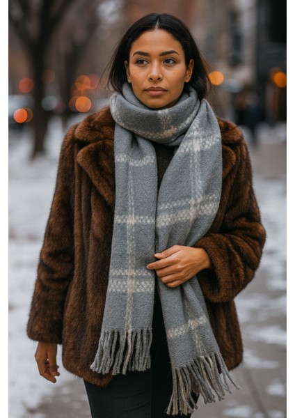 Ekose Desenli Atkı Omuz Şalı 45X200 cm 1294 Antrasit