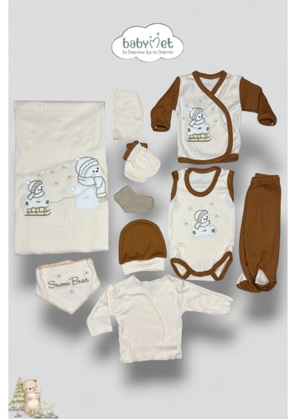 %100 Pamuk Organik Yenidoğan Hastane Çıkışı Seti 10 Parça – Kızaklı Kardan Adam Desenli, Doğal & Güvenli