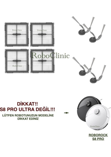 Roborock S8 Pro Robot Süpürge ile Uyumlu Yedek Yan Fırça, Hepa Filtre - 8 Parça