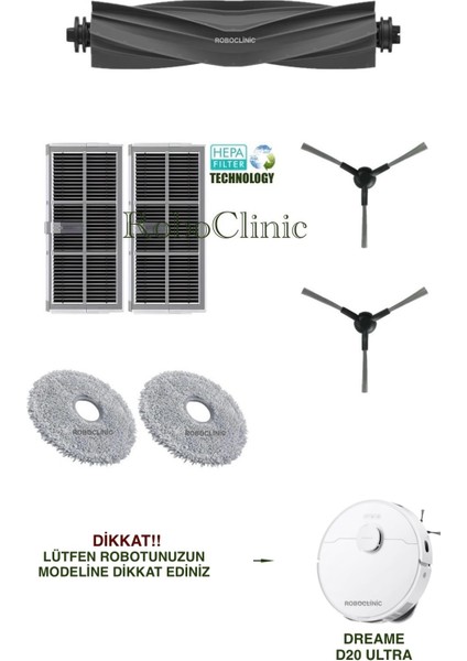 Dreame D20 Ultra Robot Süpürge ile Uyumlu Yedek Ana Fırça, Yan Fırça, Hepa Filtre, Mop - 7 Parça
