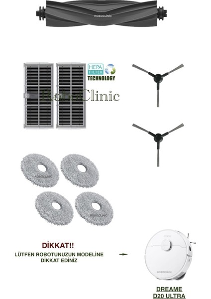 Dreame D20 Ultra Robot Süpürge ile Uyumlu Yedek Ana Fırça, Yan Fırça, Hepa Filtre, Mop - 9 Parça
