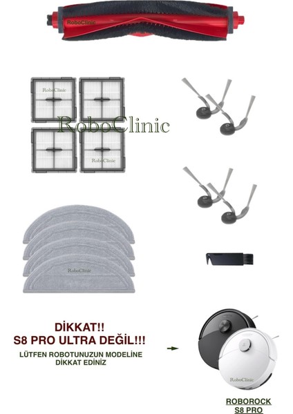Roborock S8 Pro / S8 Pro+ Robot Süpürge (Ultra Değil!) Uyumlu Yedek Fırça, Hepa Filtre, Mop - 14 Parça