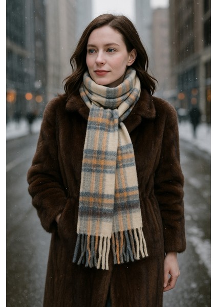 Ekose Desenli Atkı Omuz Şalı 45X200 cm 1297 Bej modelleri