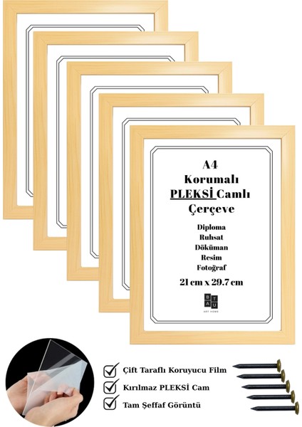 5 Adet A4 Çerçeve Gerçek Korumalı Kırılmaz Pleksi Belge Diploma Resim Fotoğraf Asılabilir 21 x 29.7 cm