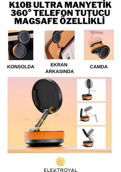 K10B Ev Araba Her Alana Uyumlu 360 Derece Dönebilen Çok Açılı Magsafeli Vantuz Telefon Tutucu