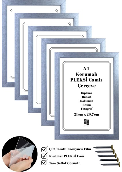 5 Adet A4 Çerçeve Eskitme Gümüş Renk Korumalı Kırılmaz Pleksi Camlı Belge Diploma Resim Fotoğraf Asılabilir 21 x 29.7 cm