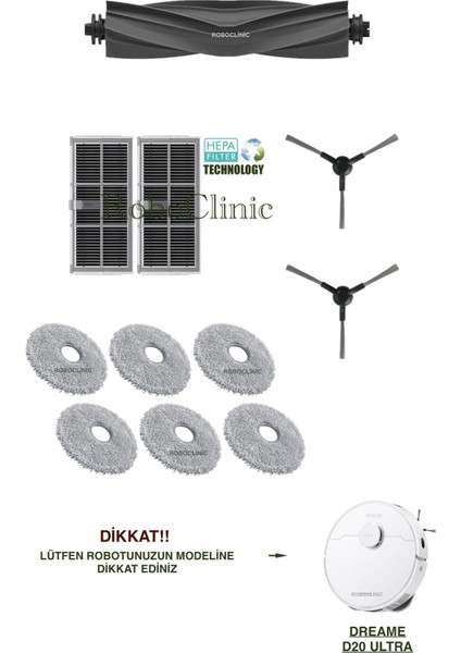 Dreame D20 Ultra Robot Süpürge ile Uyumlu Yedek Ana Fırça, Yan Fırça, Hepa Filtre, Mop - 11 Parça