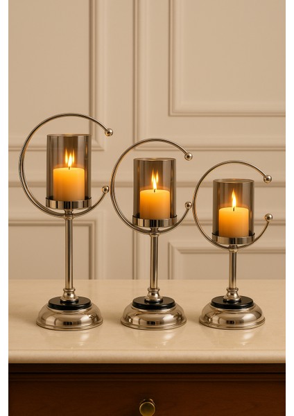 Dekoratif Hilal Şekilli 3’lü Gümüş Şamdan Takımı – Salon Masa Üstü Mumluk