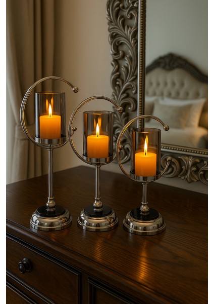 Dekoratif Hilal Şekilli 3’lü Gümüş Şamdan Takımı – Salon Masa Üstü Mumluk indirimleri