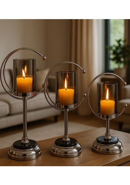 Dekoratif Hilal Şekilli 3’lü Gümüş Şamdan Takımı – Salon Masa Üstü Mumluk