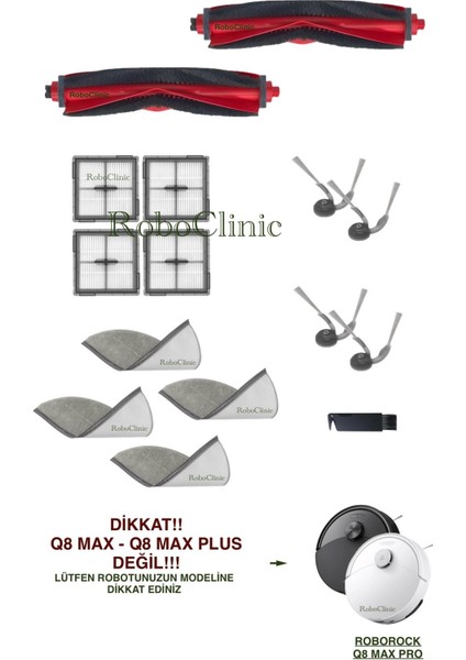 Roborock Q8 Max Pro Robot Süpürge ile Uyumlu Yedek Ana Fırça, Yan Fırça, Hepa Filtre, Mop - 15 Parça