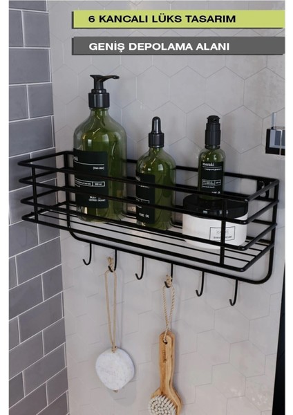 Paslanmaz Yapışkanlı 6 Kancalı Süper Lüks Banyo Düzenleyici,banyo Aksesuar Şampuanlık Banyo Rafı