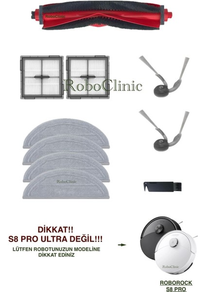Roborock S8 Pro / S8 Pro+ Robot Süpürge (Ultra Değil!) Uyumlu Yedek Ana Fırça, Yan Fırça, Hepa Filtre, Mop - 10 Parça