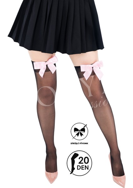 Sofya Passion Pembe Fiyonklu Diz Üstü Siyah Jartiyer Çorap - Burun Takviyeli, Dayanıklı Esnek Siyah Kadın Çorabı